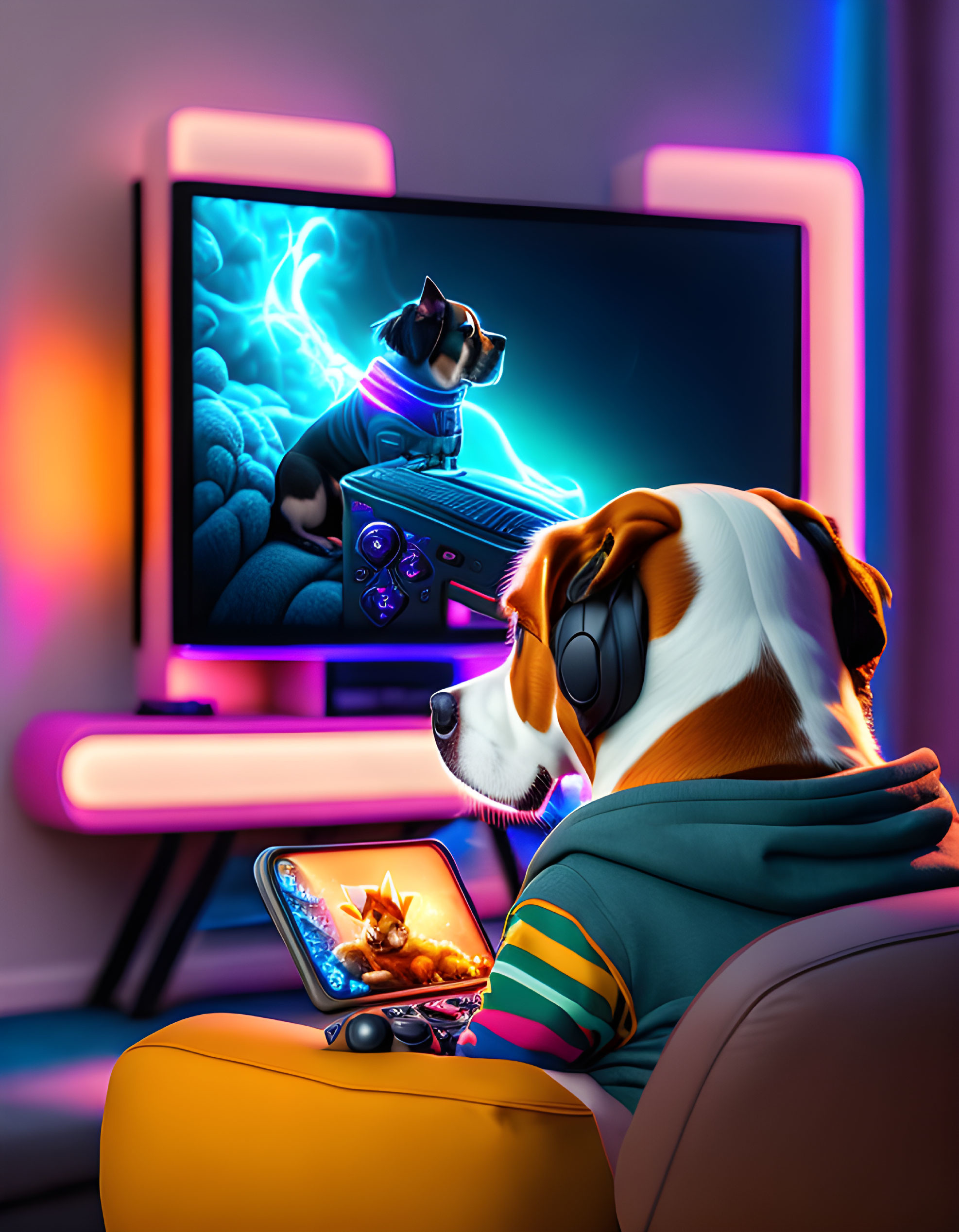 Dog in headphones and striped outfit at gaming setup with VR dog character on TV