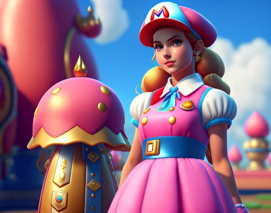 Stylized 3D rendering of female character in Mario-themed attire next to mushroom guard