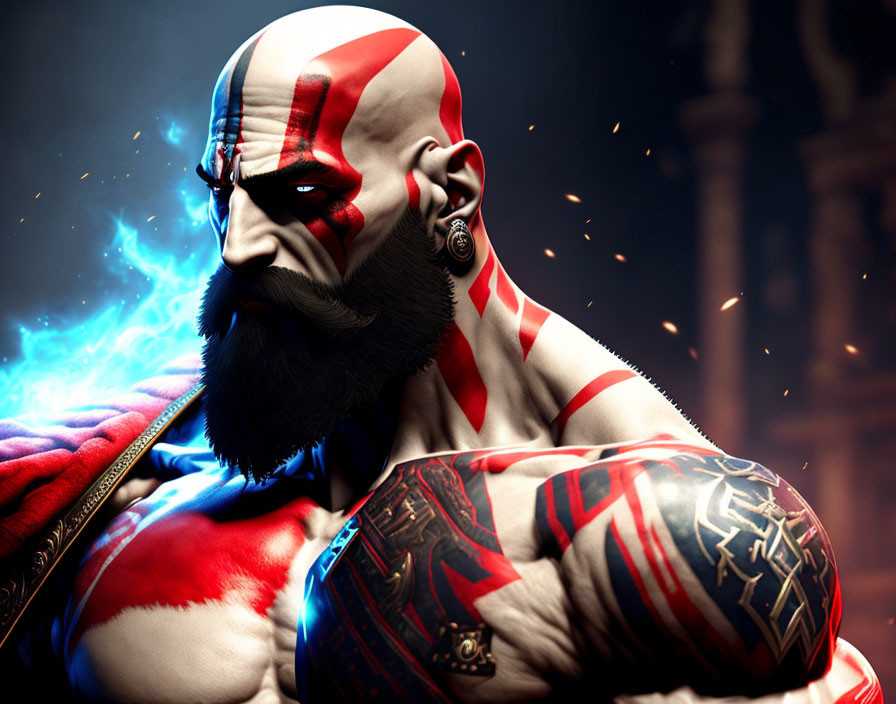 Muscular bearded character with red tattooed face and glowing blue eyes in dramatic pose