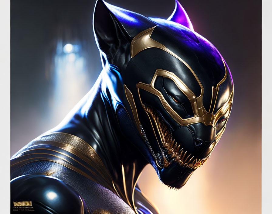 Detailed Black Panther Superhero Costume with Black and Gold Mask