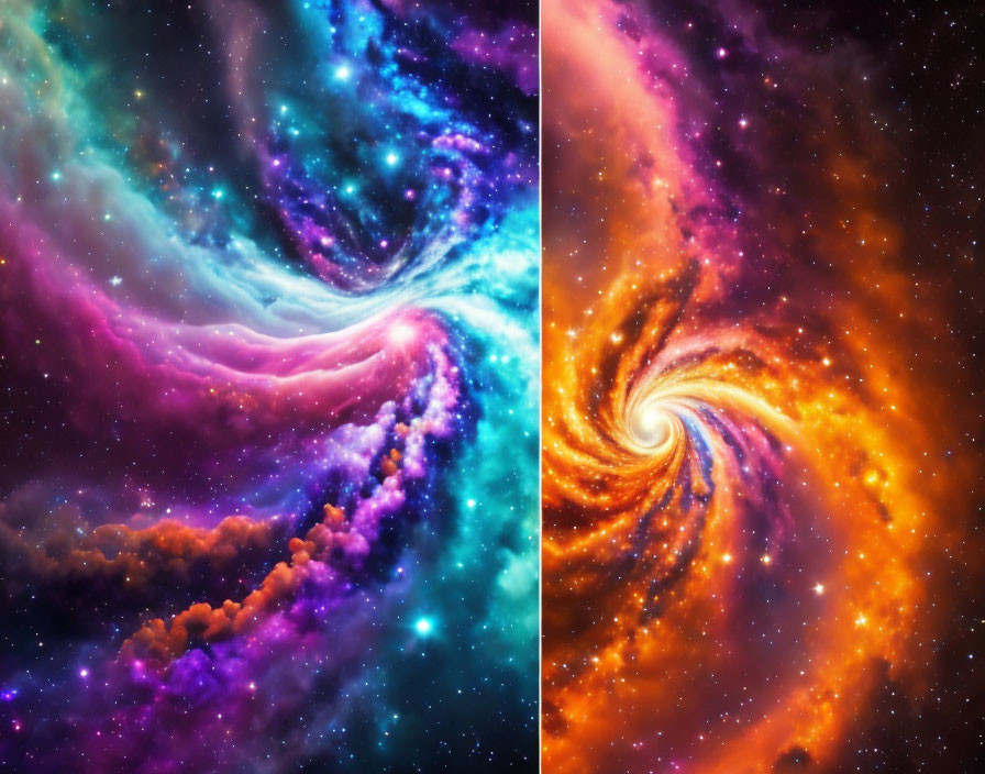 Split cosmic image: Swirling galaxies in blues, purples, and fiery oranges on dark space