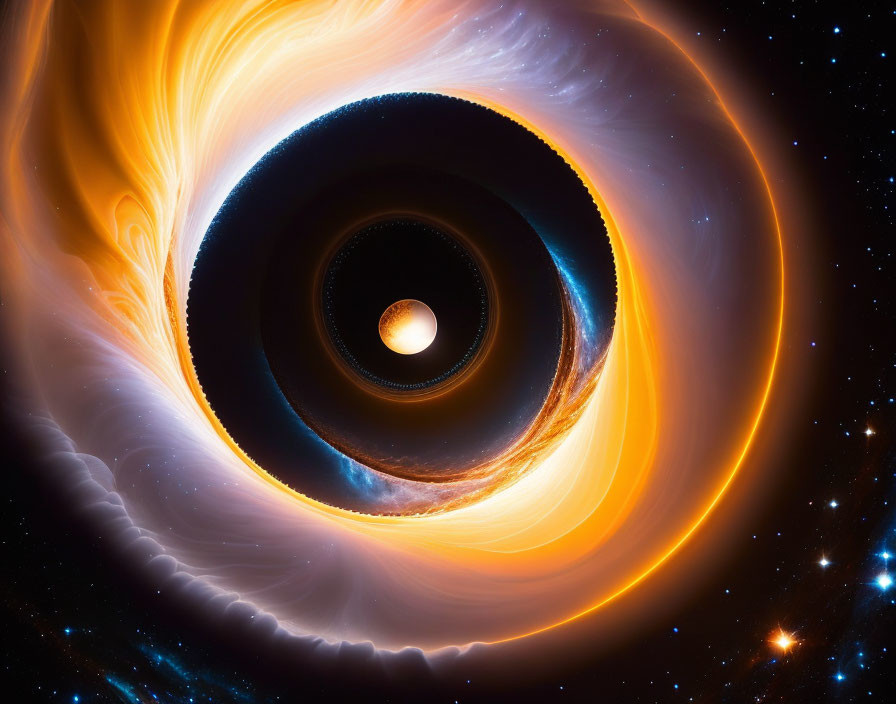 Colorful depiction of swirling black hole with orange, yellow, and white accretion disk.