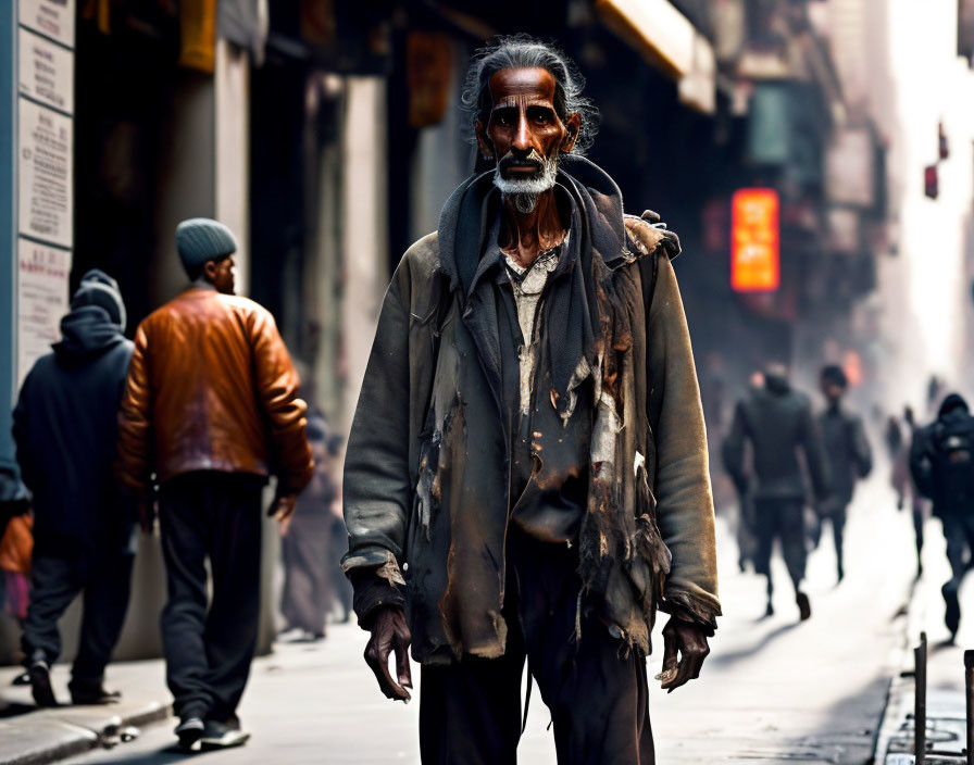 Elderly man with weathered face and beard on busy street