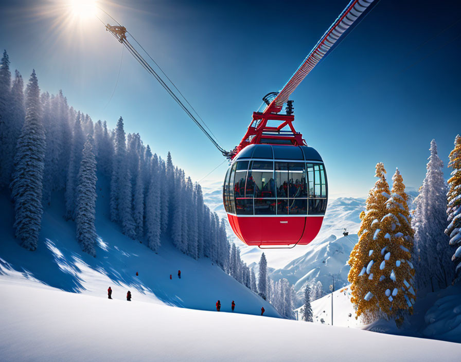 Red cable car ascends snowy mountain with skiers and pine trees in clear blue sky