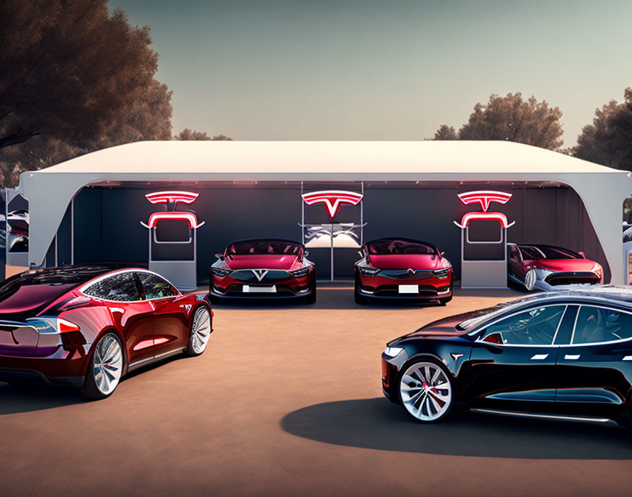 Tesla vehicles showcased at branded charging station.