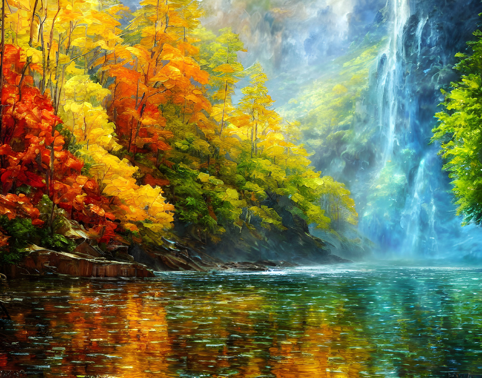 Scenic painting of autumn waterfall and river reflection