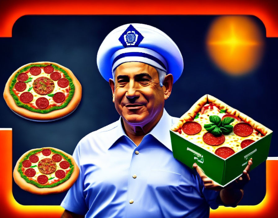 Sailor-themed caricature with pizza box and glowing orb on orange-blue backdrop