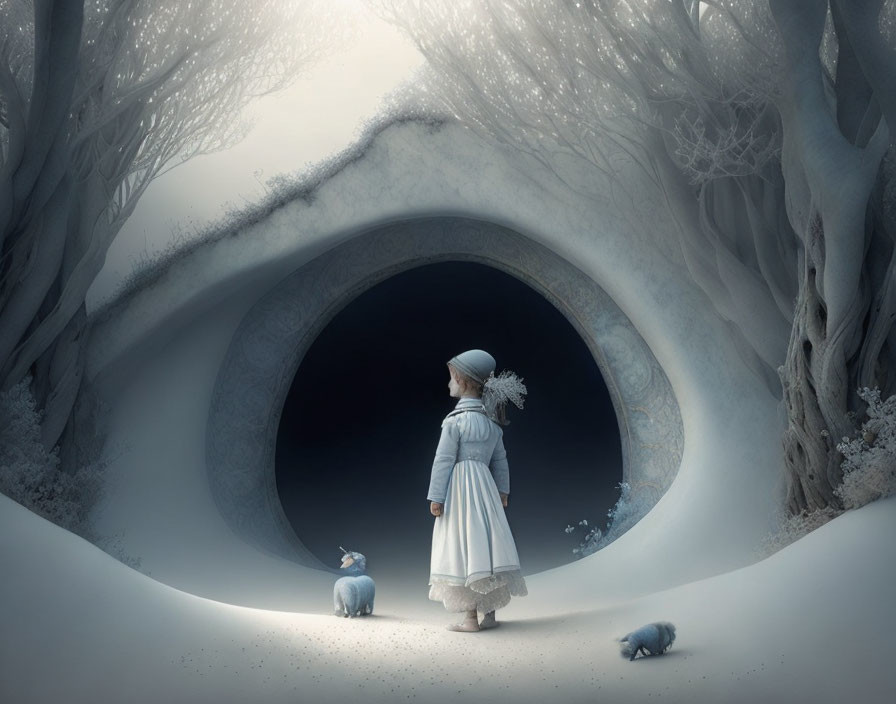 Girl in white dress and hat by dark tunnel with snowy trees and blue creatures