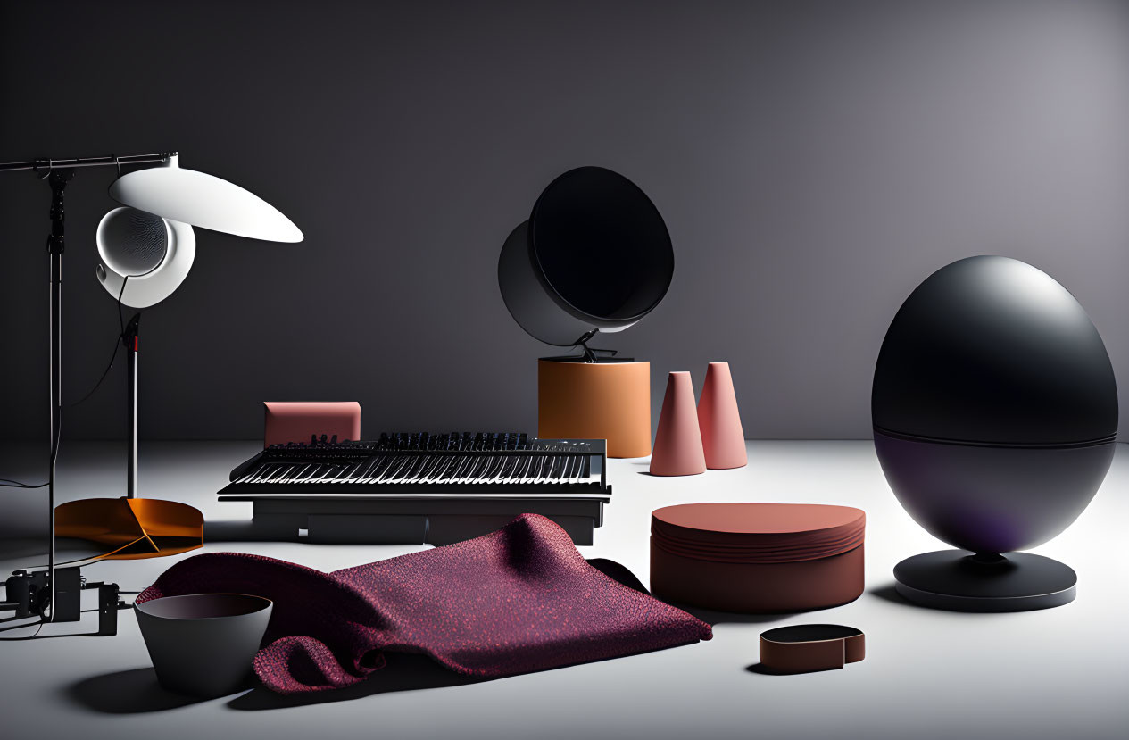 Modern objects: synthesizer, lamp, mirror, chair, vases, blanket on dark background