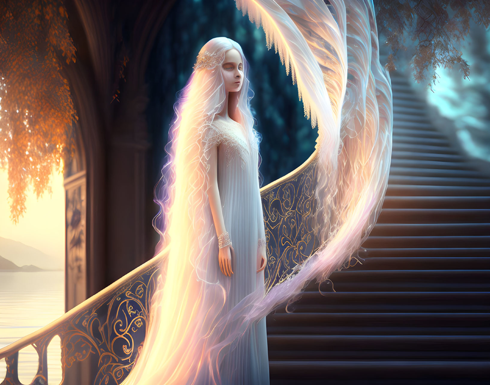 Long white-haired woman in flowing dress on sea stairway with glowing wing aura