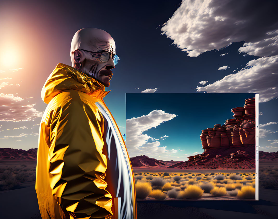 Bald Man in Yellow Hazmat Suit in Desert Landscape