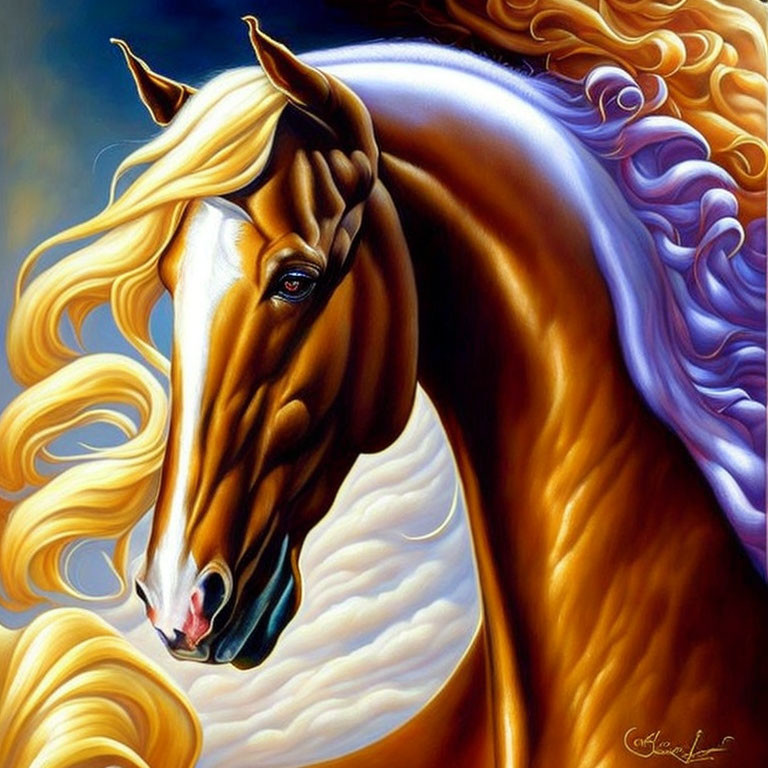 Vibrant painting of majestic golden horse on deep blue background