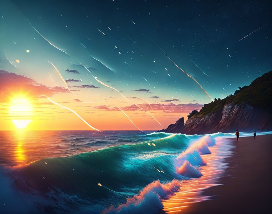 Scenic beach sunset with bioluminescent waves, cliff, and meteor shower