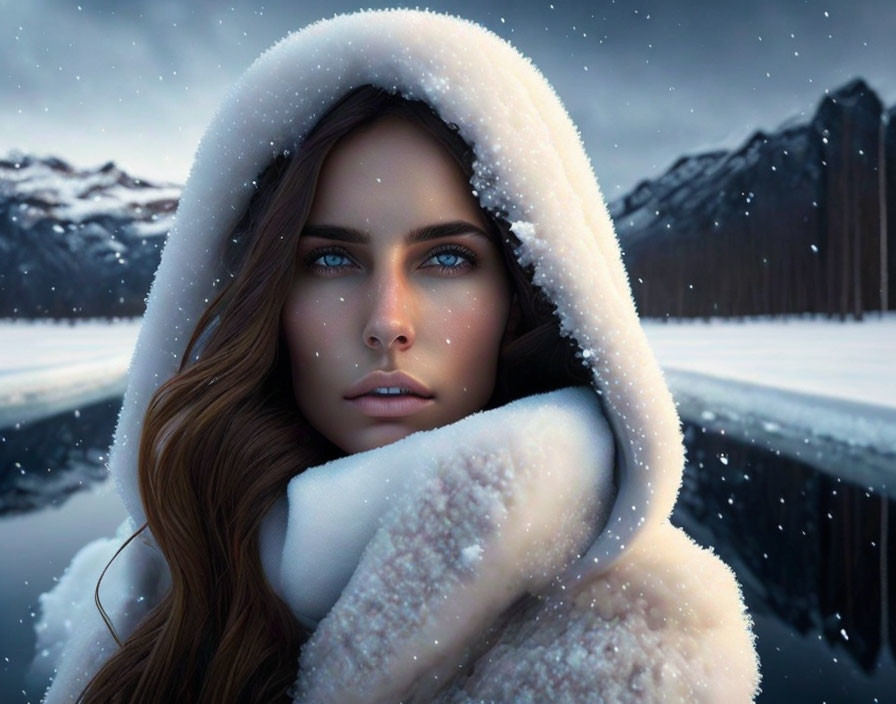 Woman in snowy landscape with striking eyes and hooded coat.