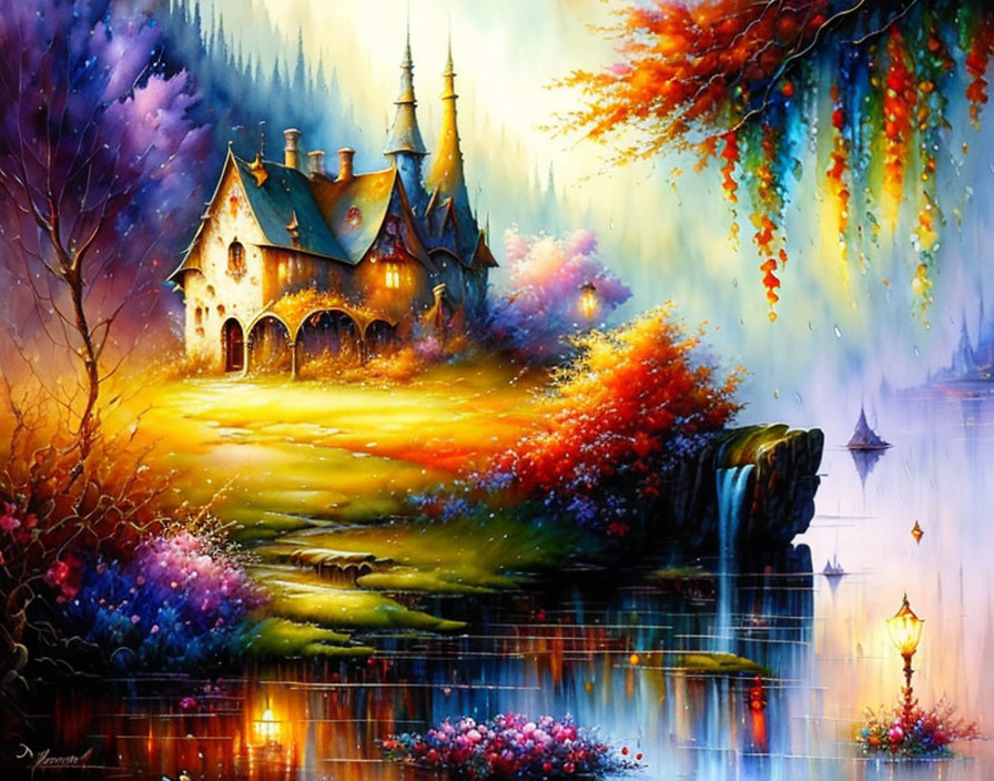 Fantasy landscape painting with whimsical cottage by waterfall