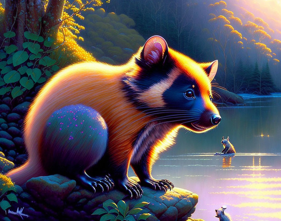 Colorful stylized creature in twilight forest lake with frog - Digital Art