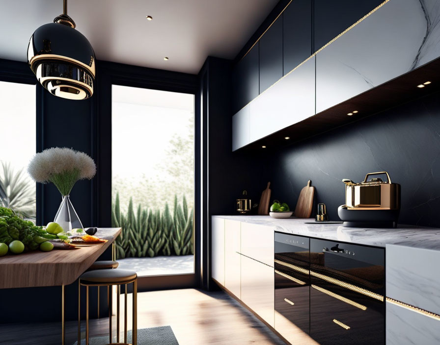 Contemporary Kitchen with Black Cabinetry and Marble Backsplash