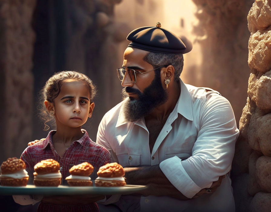 Man with beret and beard gazes at young girl with pastries tray