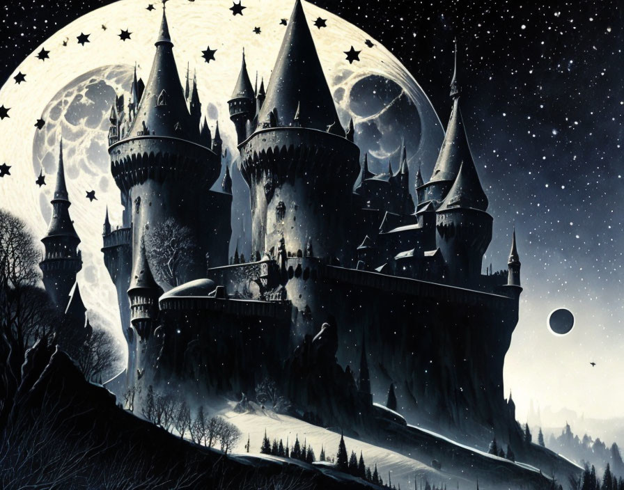 Fantasy castle with multiple spires under starry night sky