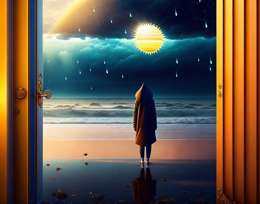 Hooded figure at beach door under surreal sky