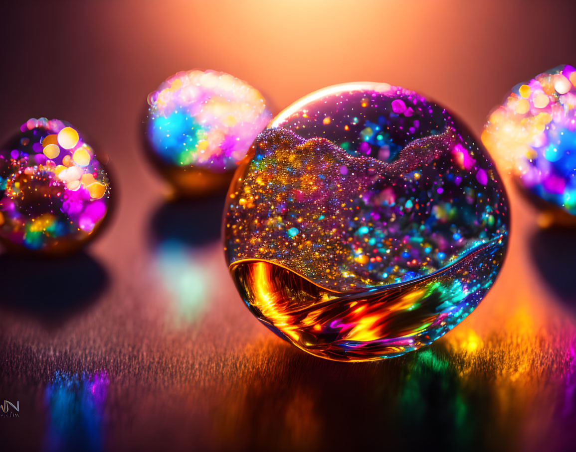 Colorful crystal balls on warm reflective surface