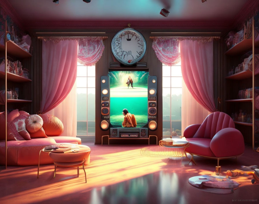 Room with large window, pink curtains, retro TV, round clock, stylish furniture, and soft lighting