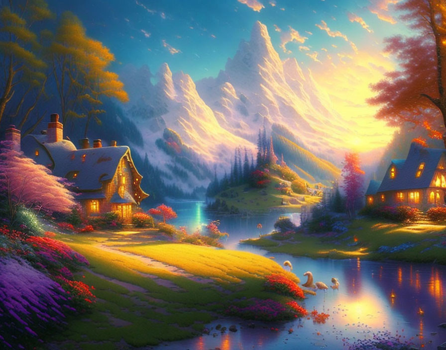 Fantasy landscape: Cozy cottage, lake, colorful trees, swans, snow-capped mountains