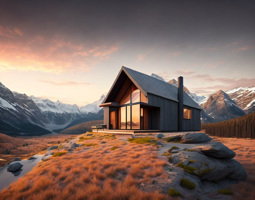 Modern Cabin with Large Windows on Hill with Snowy Mountain Sunset