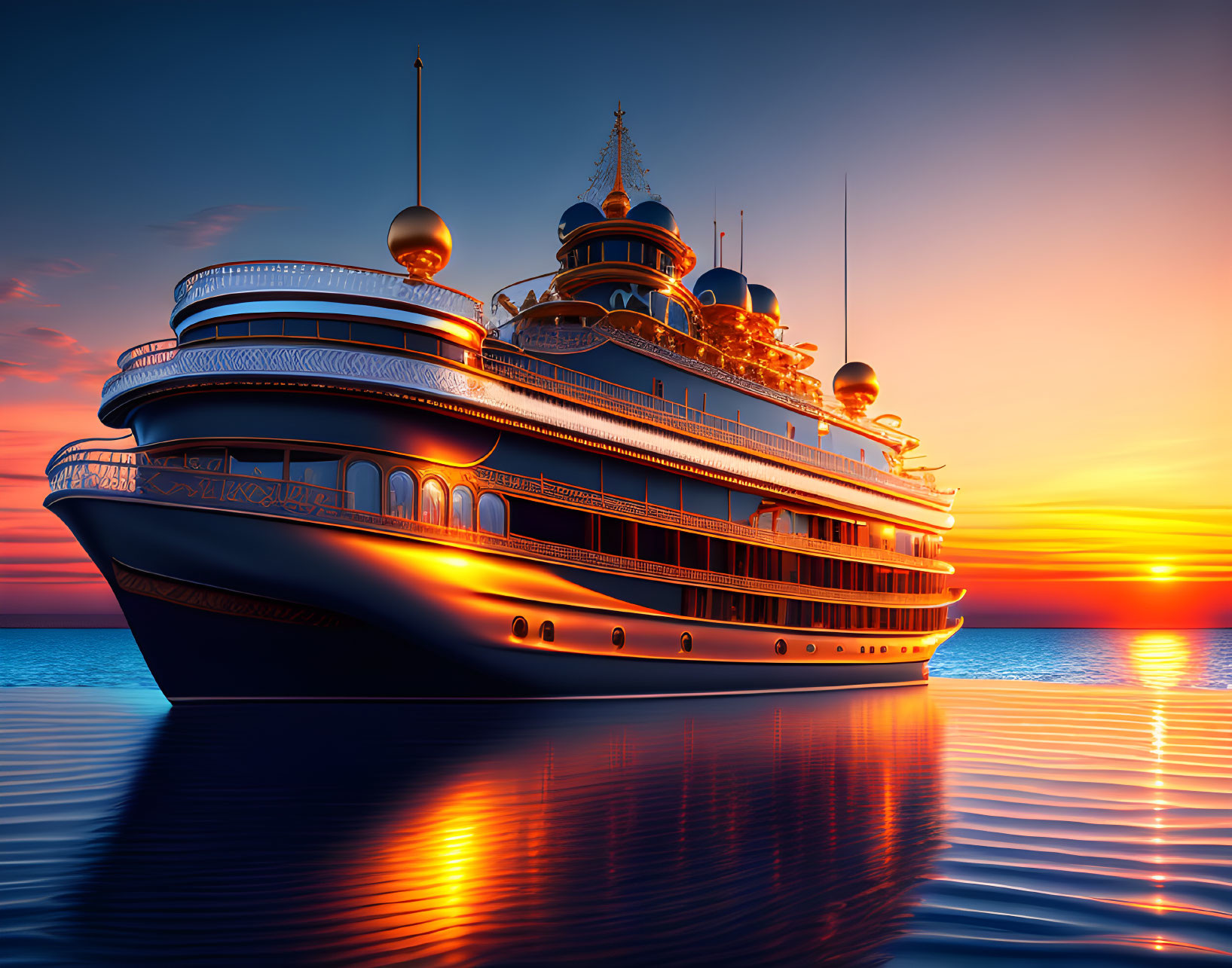 Cruise Ship Sailing on Calm Waters at Sunset