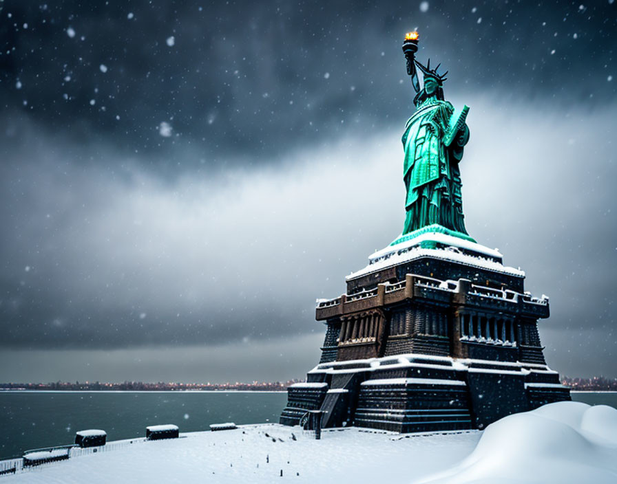 Snow-covered Statue of Liberty in Winter Scene