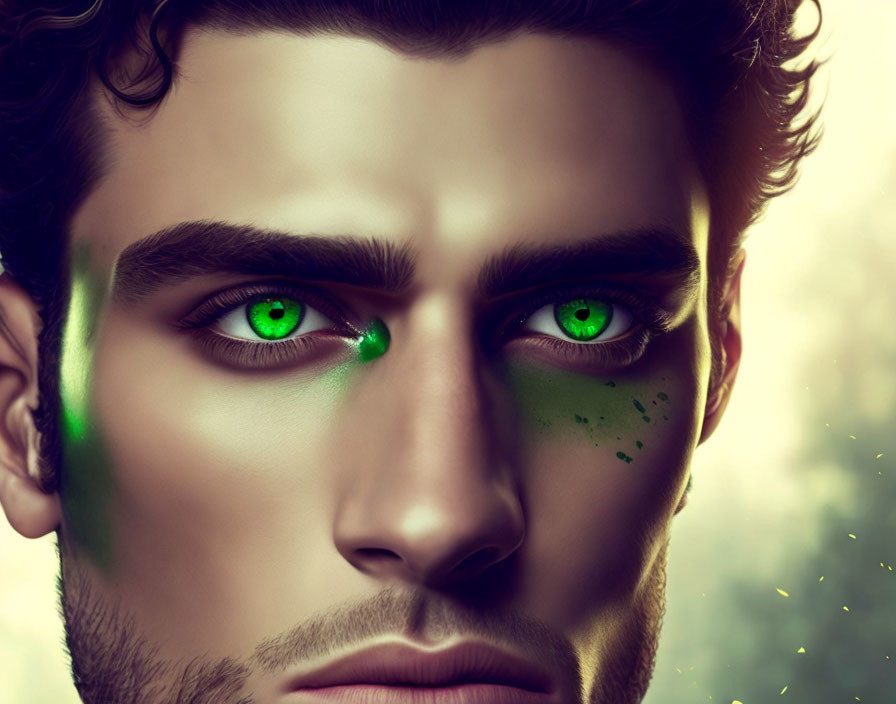 Close-up digital artwork featuring man with striking green eyes and green paint splatters.