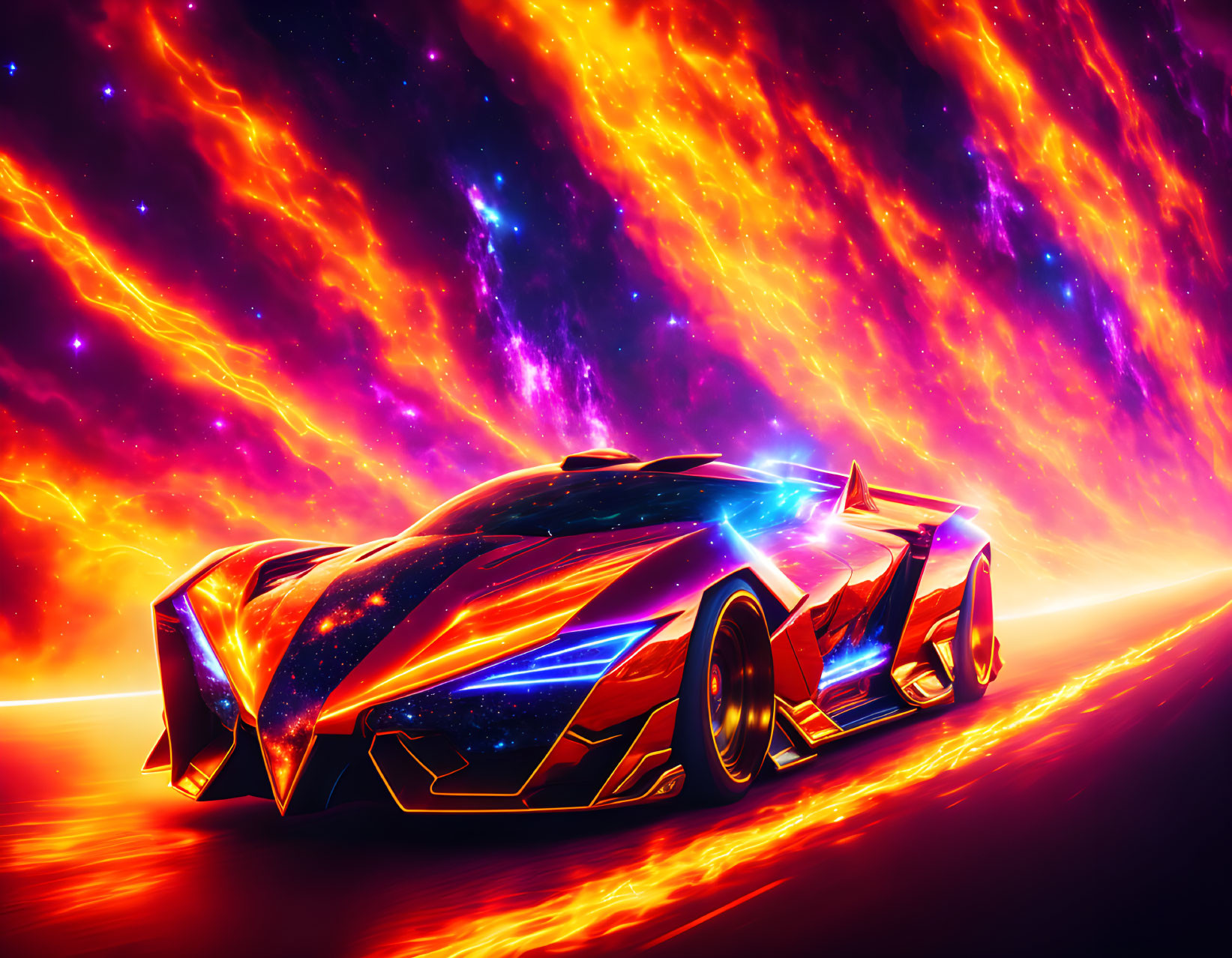 Angular Futuristic Car Races Through Fiery Cosmic Landscape