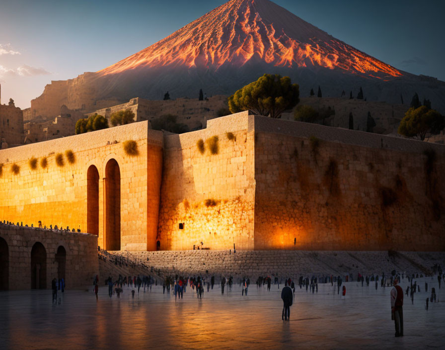 Historical fortress with large walls, sunset scene, crowd, fiery volcano