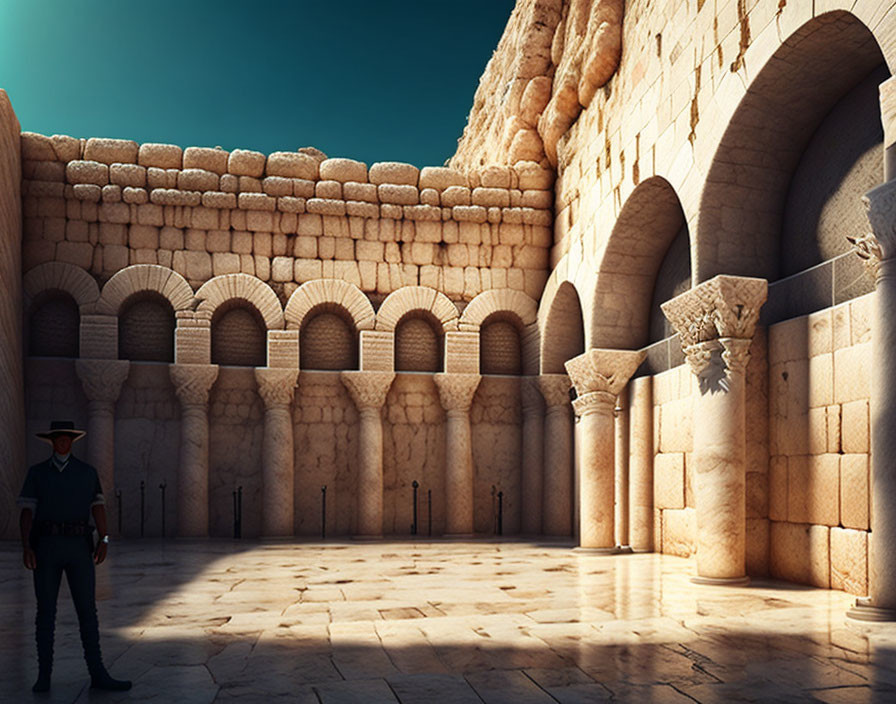 Man in Hat Stands in Sunlit Courtyard with Arched Walls