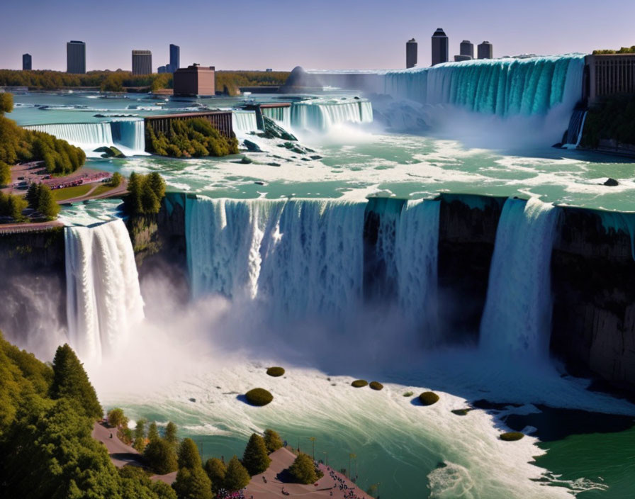 Panoramic View of Niagara Falls with Greenery and City Skyline