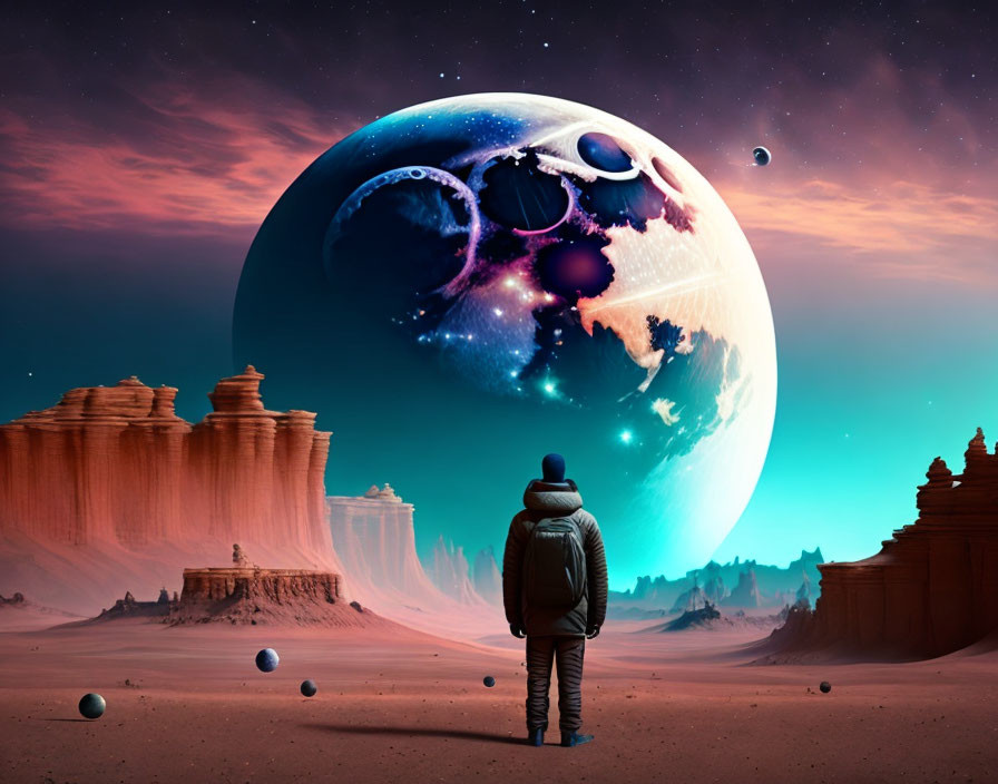 Person standing in desert landscape gazing at surreal planet and moons at dusk