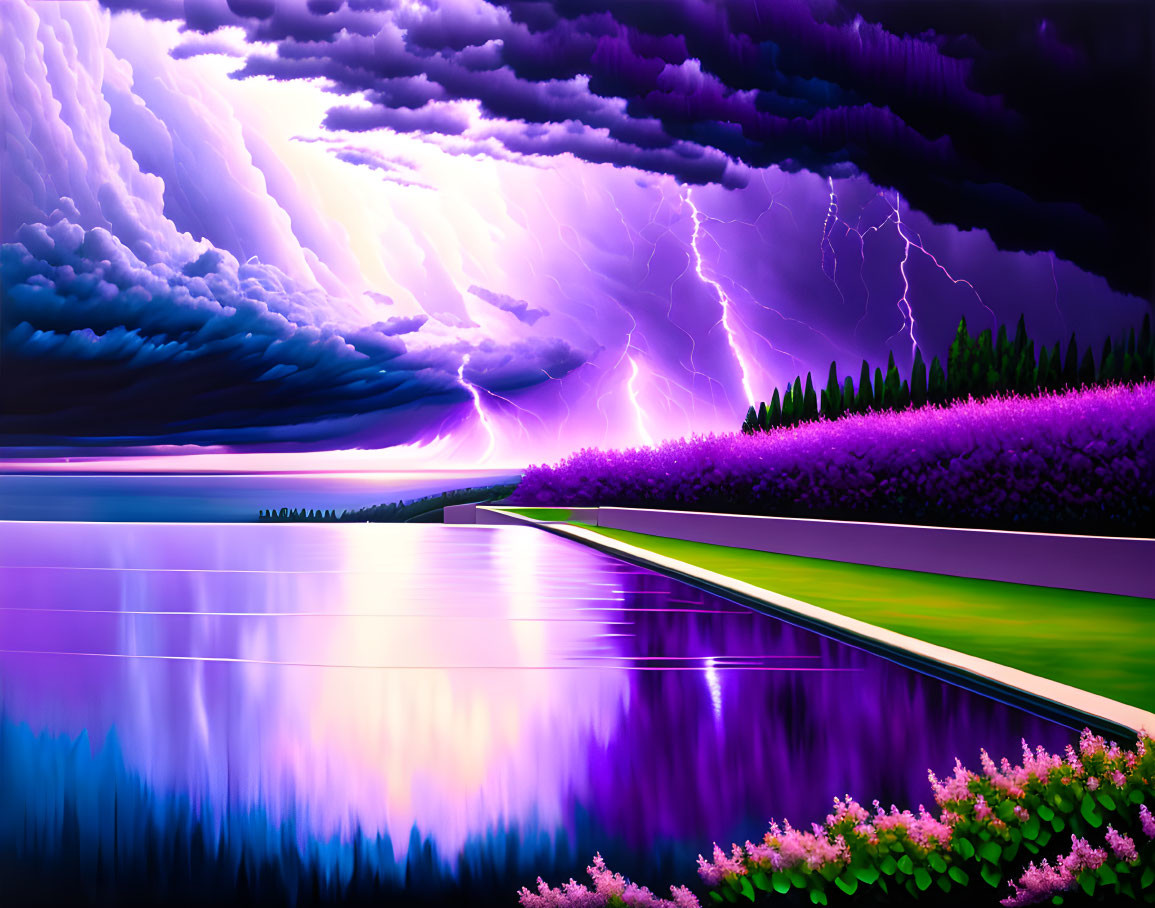 Stormy landscape with purple foliage, lightning, and dramatic clouds