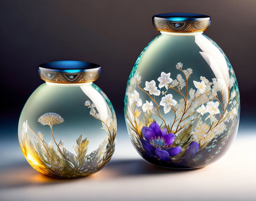 Decorative Glass Vases with Floral Designs on Dark Background