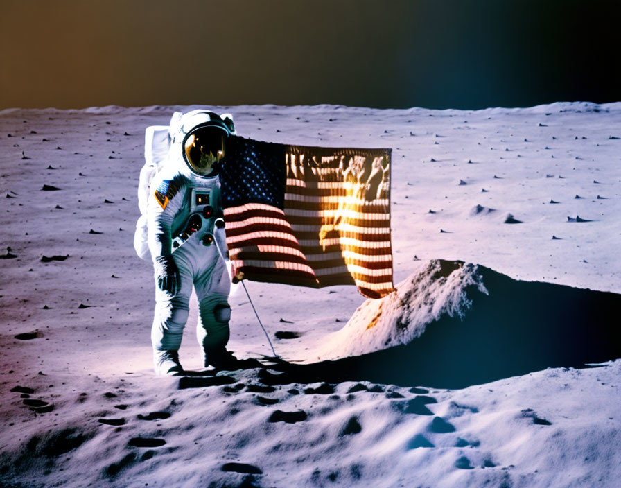 Astronaut with American flag on moon surface with crater and space background