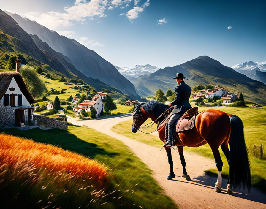 Elegantly dressed rider on brown horse in rural setting with houses and mountains