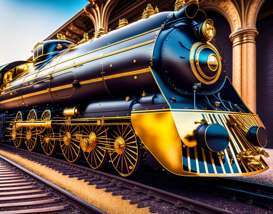 Detailed Close-Up of Vibrant Steam Locomotive with Golden Accents