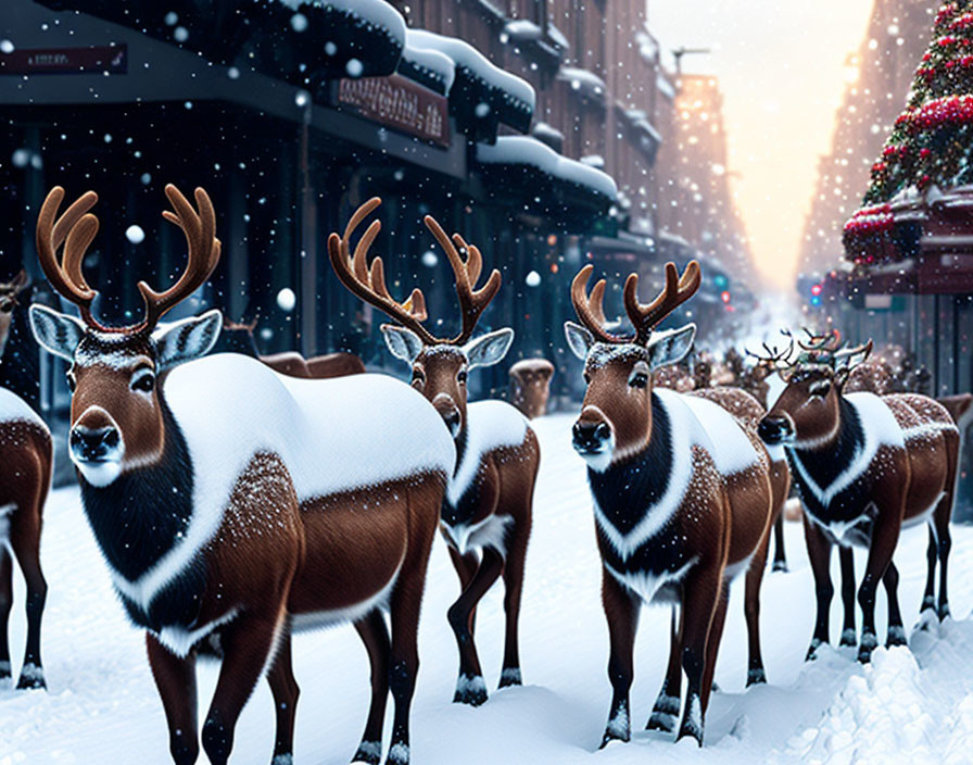 Group of reindeer with glowing antlers in snowy city scene