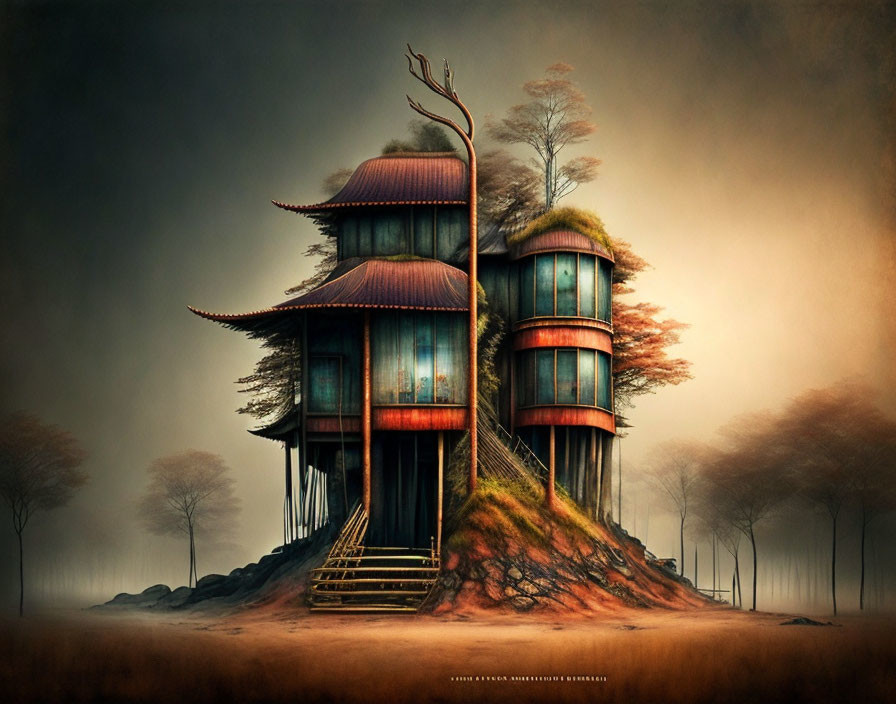 Fantastical treehouse in mystical landscape