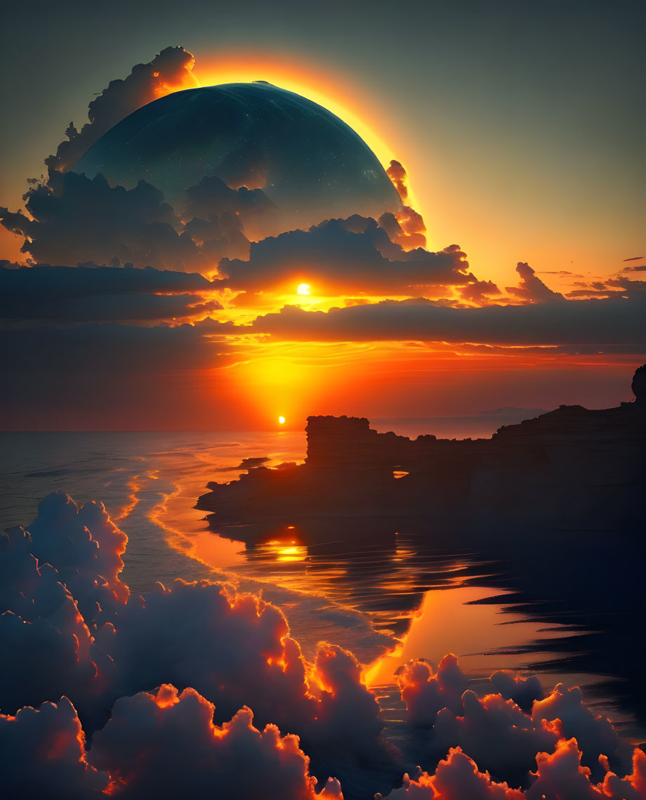 Detailed surreal sunset with oversized planet reflecting on calm waters.