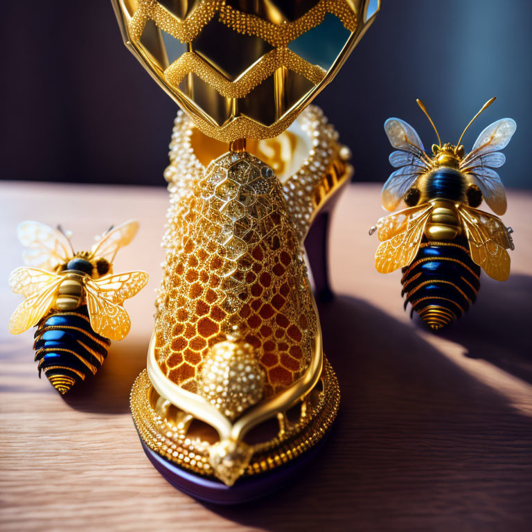 Golden high-heeled shoe trophy with honeycomb texture and bees on wooden surface