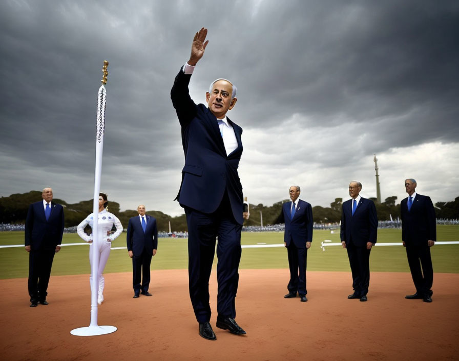 Military parade with person saluting, uniformed individuals, and cloudy skies