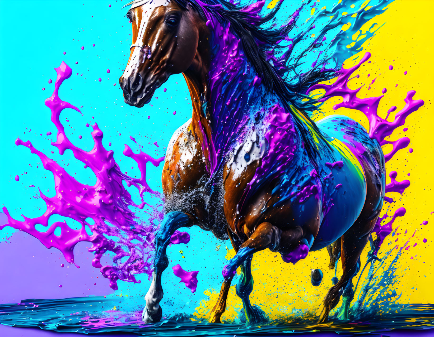 Colorful Horse Artwork with Liquid Splashes on Bright Background