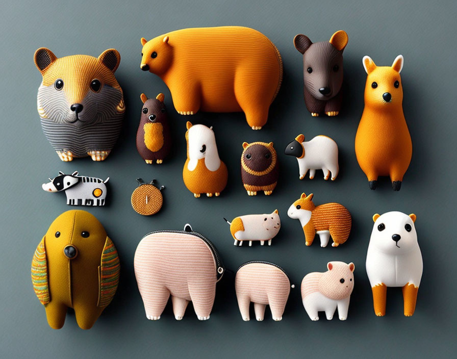 Stylized animal figures with smooth, rounded design on gray background