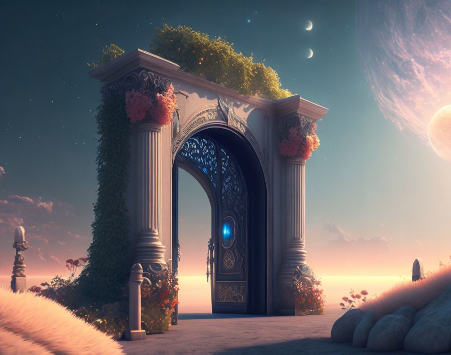 Ornate gate with greenery, glowing blue orb, surreal moon and stars at dusk