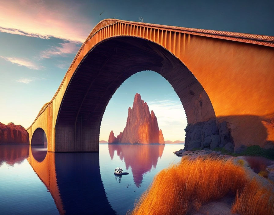 Arched bridge over calm water with boat and sunset.